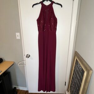 NWT! Nightway Burgundy Halter Evening Gown with Deep V-Neck & Built in Bra Cups